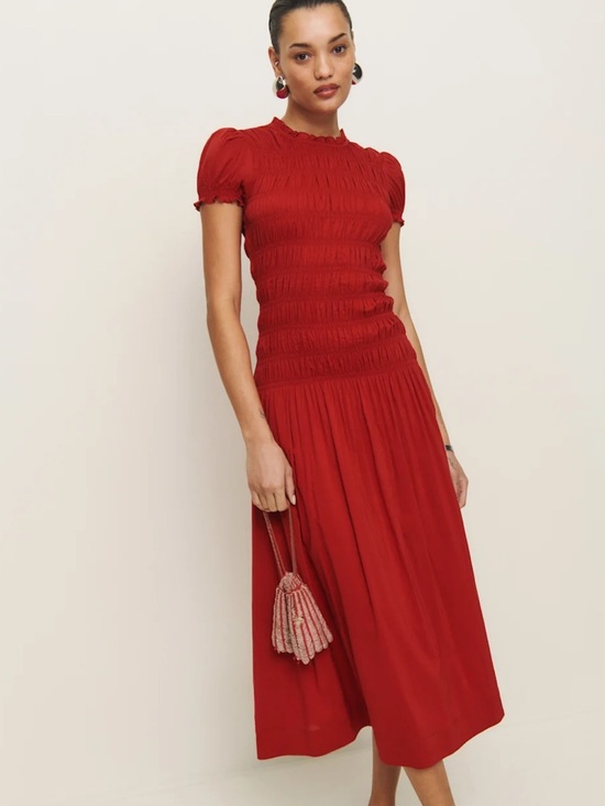 Reformation Dresses & Skirts - Reformation Kiria Smocked Midi Dress Red Puff Sleeve Lined Romantic Size 12